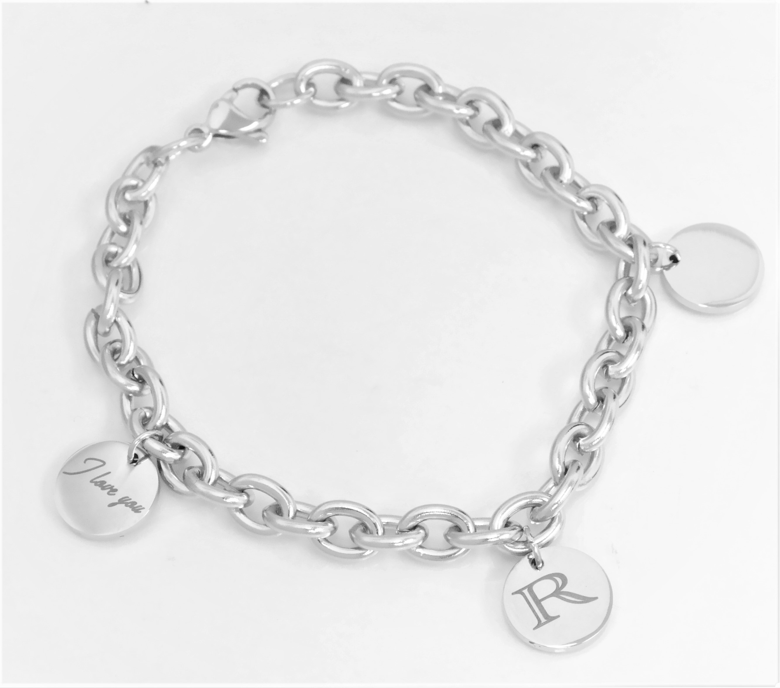 Personalized "Rolo" link bracelet with engraved medals