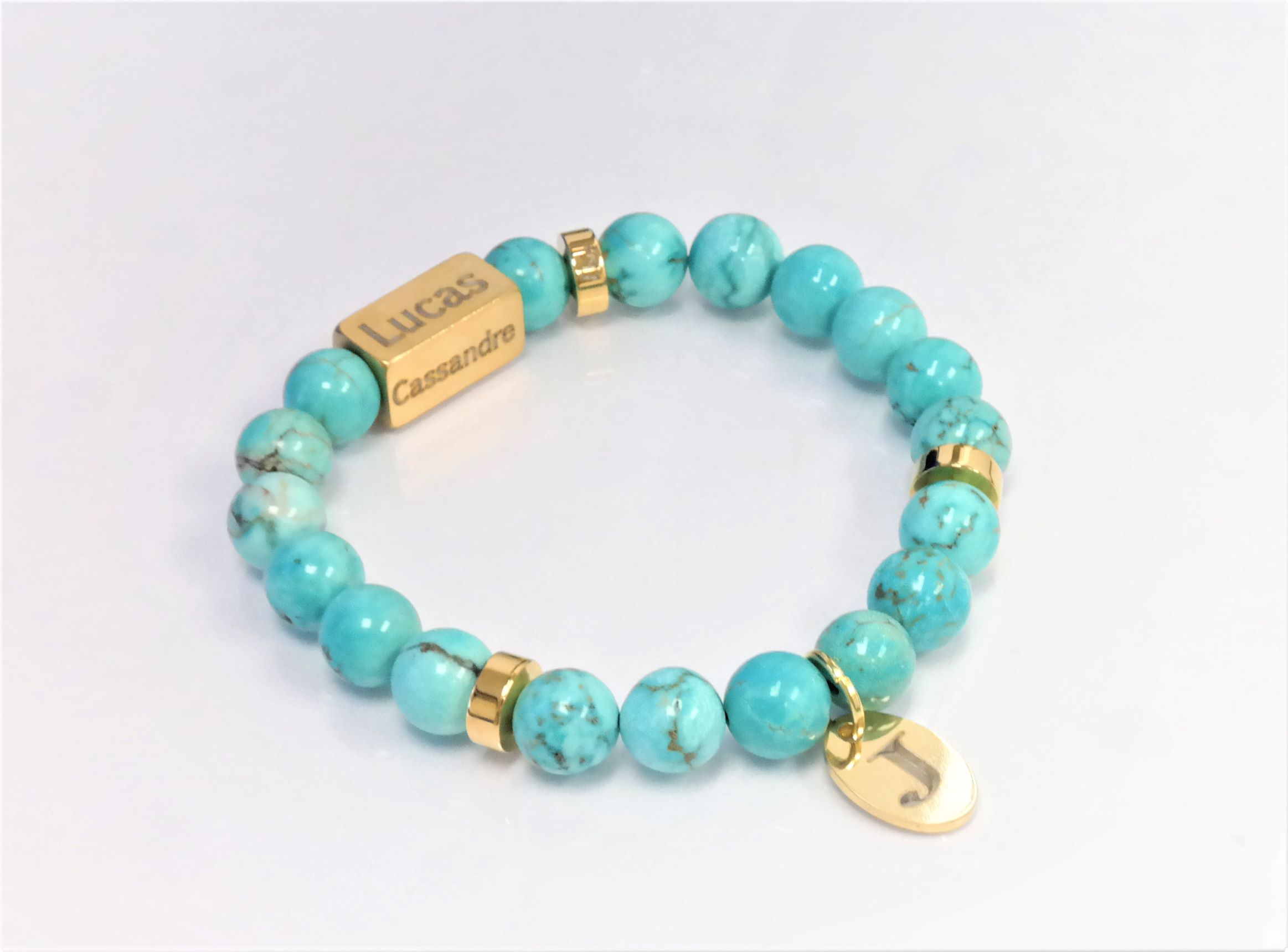 Semi precious trendy personalized bracelet with 8mm beads and stainless steel dividers